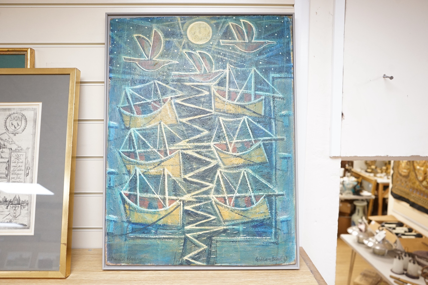 William Black (Cornish, 20th. C), oil on canvas board, 'Moonlit harbour', signed and dated '69, 62 x 46cm. Condition - good